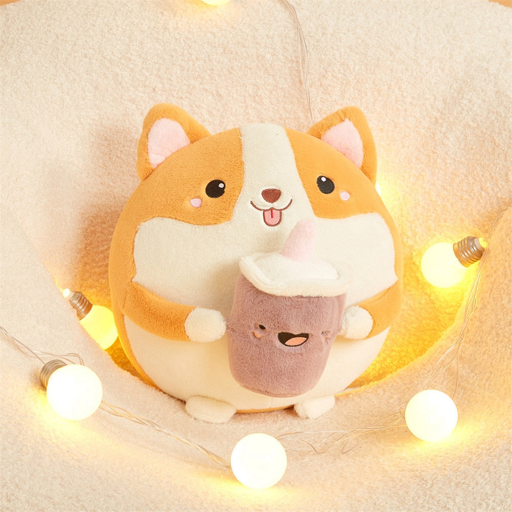 Fluffy Round Chubby Corgi Bubble Tea Plushie - Kawaiies - Adorable - Cute - Plushies - Plush - Kawaii