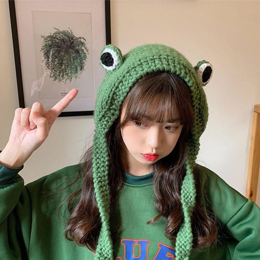 Frog Pom Pom Knit Beanie Hat - Kawaiies - Adorable - Cute - Plushies - Plush - Kawaii