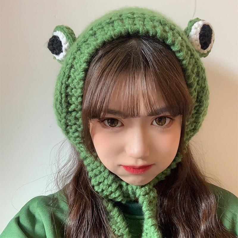 Frog Pom Pom Knit Beanie Hat - Kawaiies - Adorable - Cute - Plushies - Plush - Kawaii