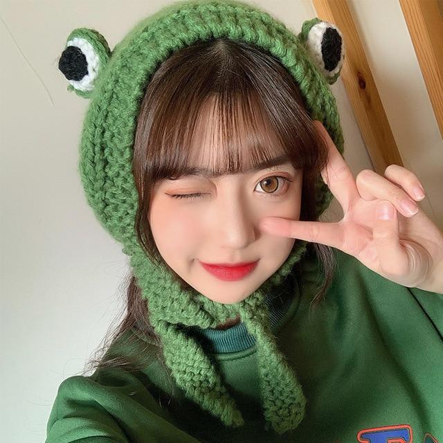 Frog Pom Pom Knit Beanie Hat - Kawaiies - Adorable - Cute - Plushies - Plush - Kawaii