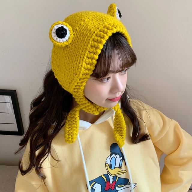 Frog Pom Pom Knit Beanie Hat