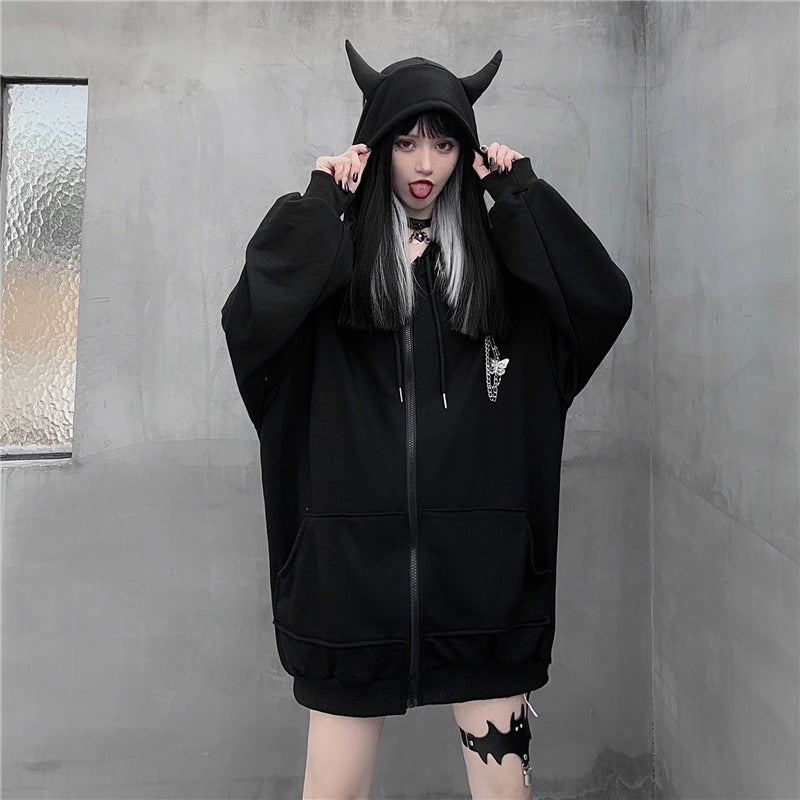 Gothic Devil Black Zip-Up Oversized Womens Hoodie - Kawaiies - Adorable - Cute - Plushies - Plush - Kawaii