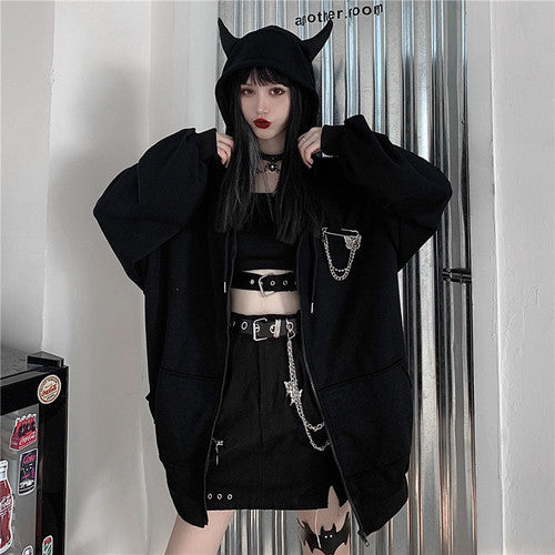 Gothic Devil Black Zip-Up Oversized Womens Hoodie - Kawaiies - Adorable - Cute - Plushies - Plush - Kawaii