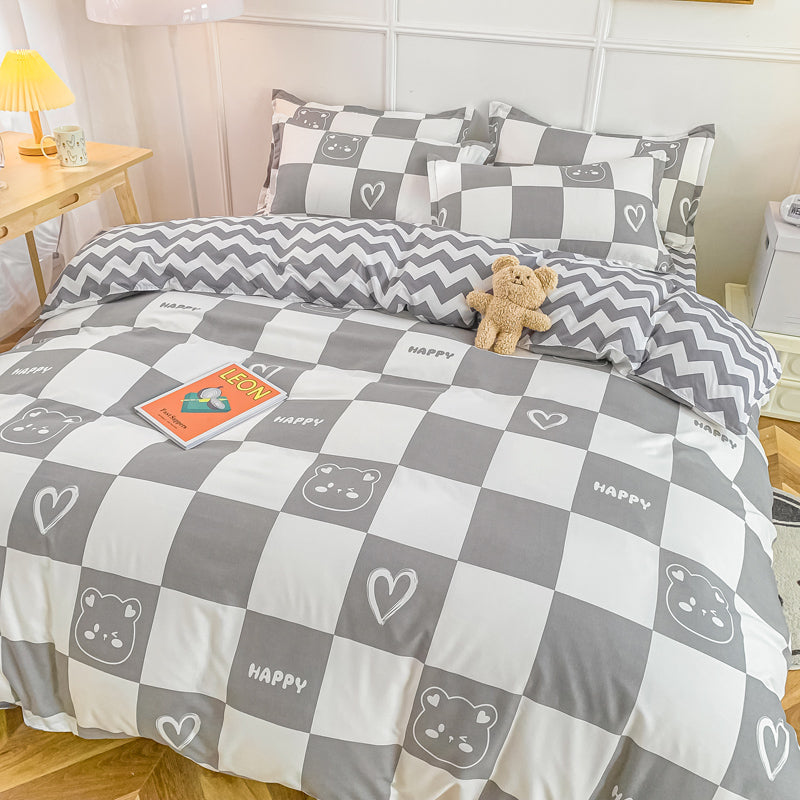 Gray Bear Checkered Bedding Set - Kawaiies - Adorable - Cute - Plushies - Plush - Kawaii
