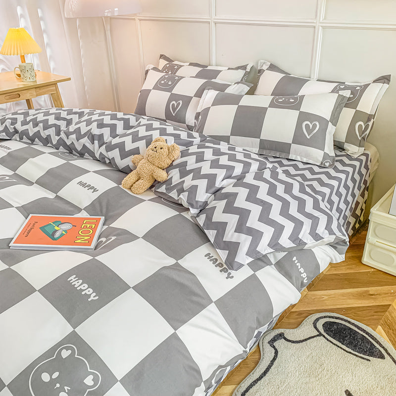 Gray Bear Checkered Bedding Set - Kawaiies - Adorable - Cute - Plushies - Plush - Kawaii