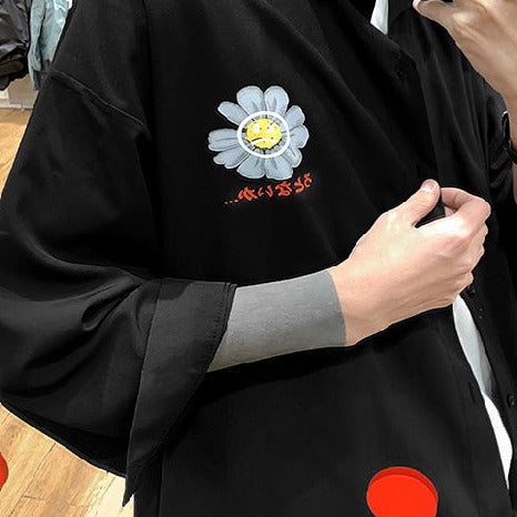 Gray Sad Flower Harauku Mens Half-Sleeve Button Part Cotton Shirt - Kawaiies - Adorable - Cute - Plushies - Plush - Kawaii