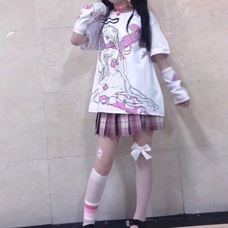 Harajuku Anime Pink E-Girl Tee with Arm Warmers - Kawaiies - Adorable - Cute - Plushies - Plush - Kawaii