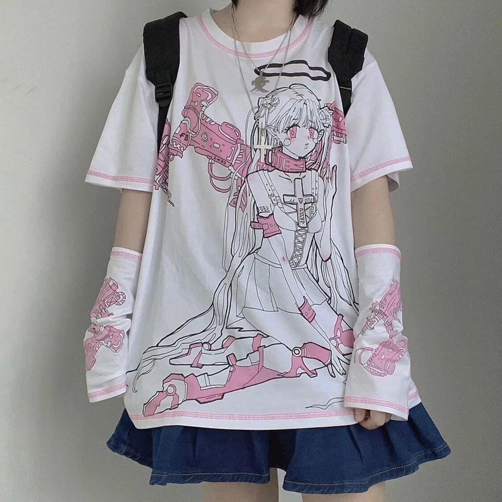 Harajuku Anime Pink E-Girl Tee with Arm Warmers - Kawaiies - Adorable - Cute - Plushies - Plush - Kawaii