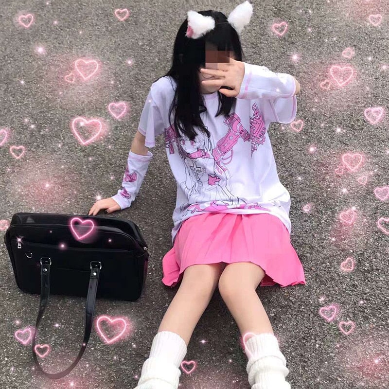 Harajuku Anime Pink E-Girl Tee with Arm Warmers - Kawaiies - Adorable - Cute - Plushies - Plush - Kawaii
