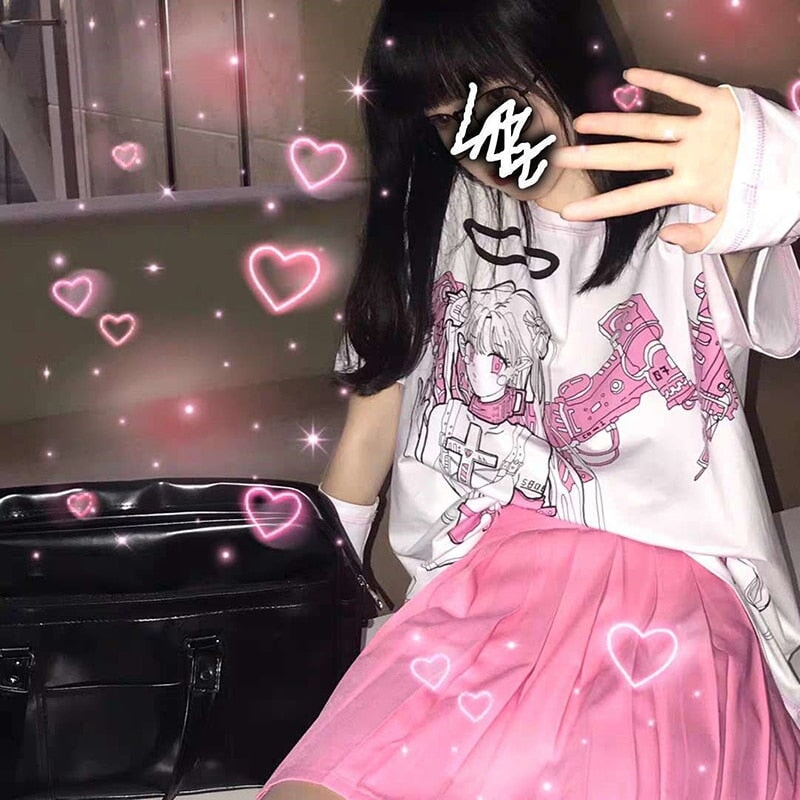 Harajuku Anime Pink E-Girl Tee with Arm Warmers - Kawaiies - Adorable - Cute - Plushies - Plush - Kawaii