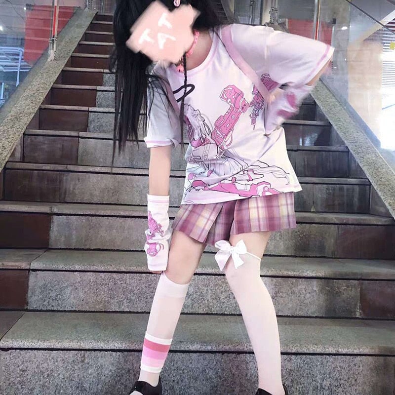 Harajuku Anime Pink E-Girl Tee with Arm Warmers - Kawaiies - Adorable - Cute - Plushies - Plush - Kawaii