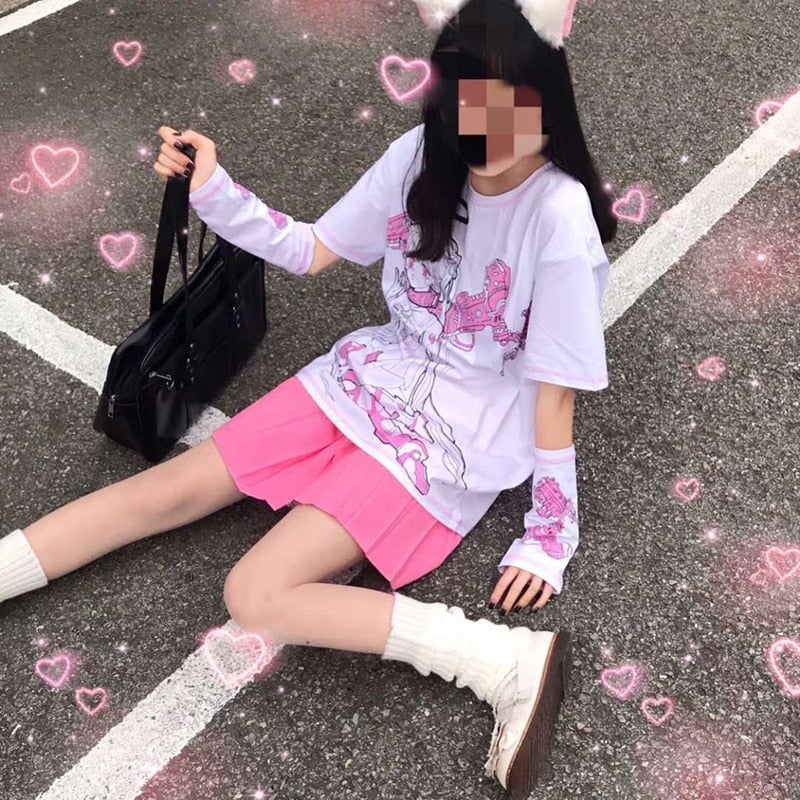 Harajuku Anime Pink E-Girl Tee with Arm Warmers - Kawaiies - Adorable - Cute - Plushies - Plush - Kawaii
