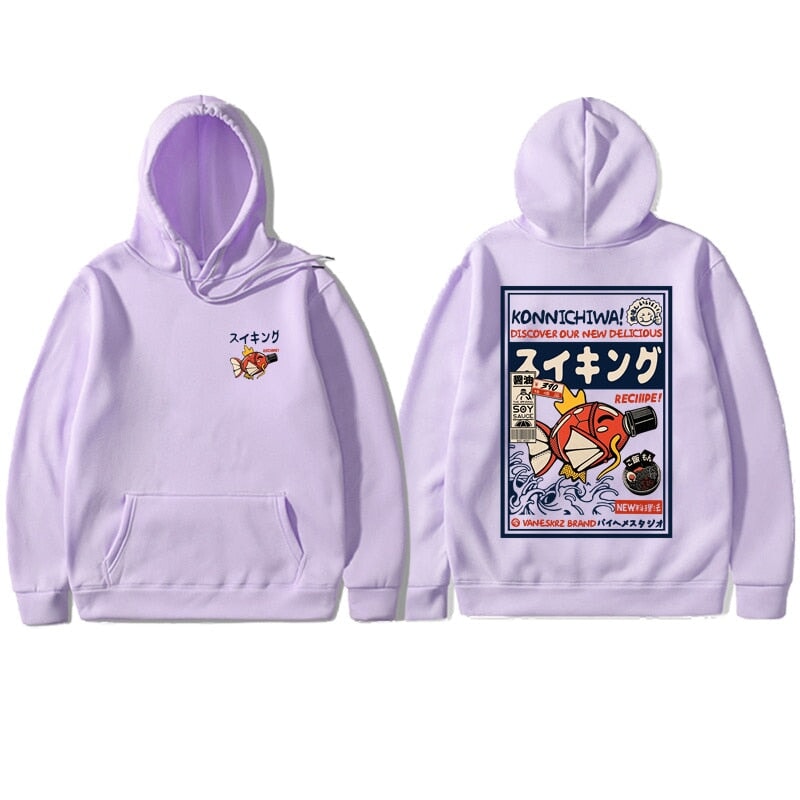 kawaiies-softtoys-plushies-kawaii-plush-Harajuku Japanese Fish Konnichiwa Poster Unisex Hoodie | NEW Apparel Light purple S 