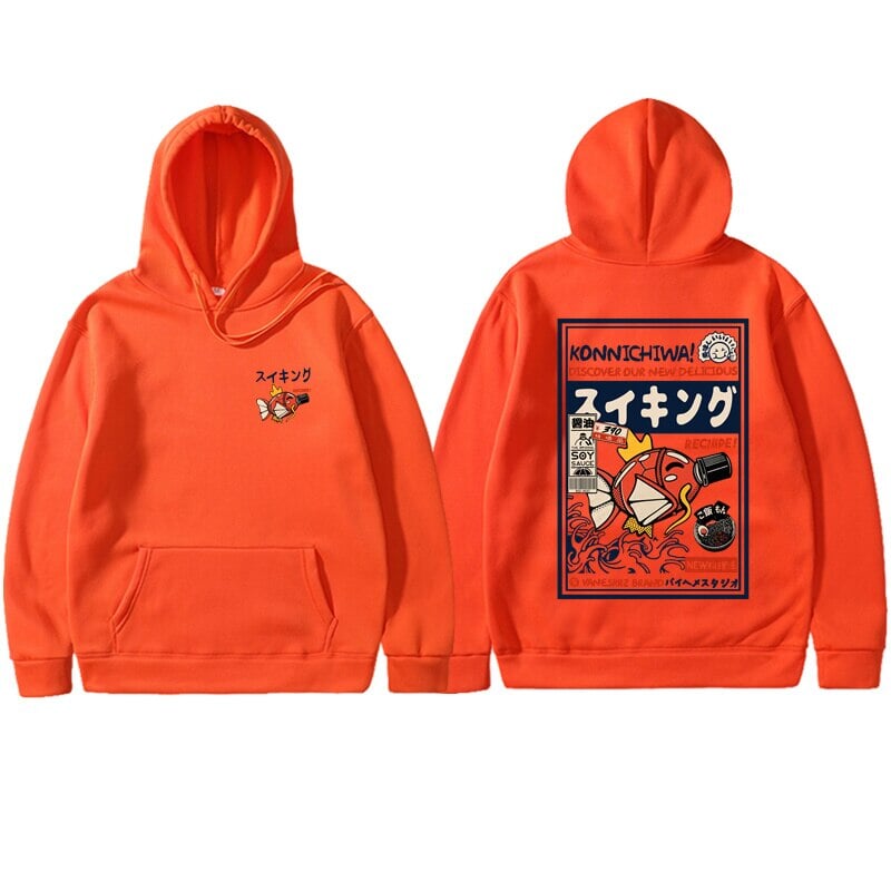 kawaiies-softtoys-plushies-kawaii-plush-Harajuku Japanese Fish Konnichiwa Poster Unisex Hoodie | NEW Apparel Orange S 