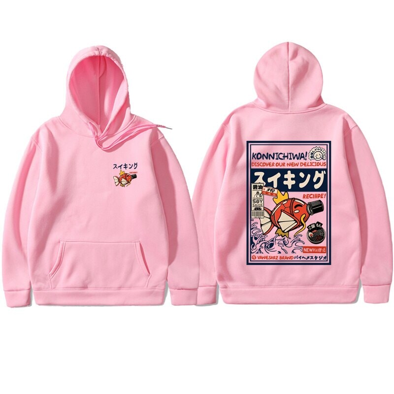 kawaiies-softtoys-plushies-kawaii-plush-Harajuku Japanese Fish Konnichiwa Poster Unisex Hoodie | NEW Apparel Pink S 