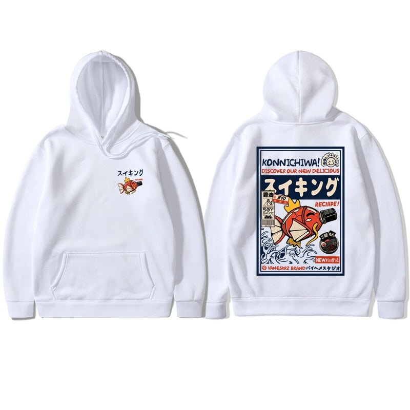 kawaiies-softtoys-plushies-kawaii-plush-Harajuku Japanese Fish Konnichiwa Poster Unisex Hoodie | NEW Apparel White S 