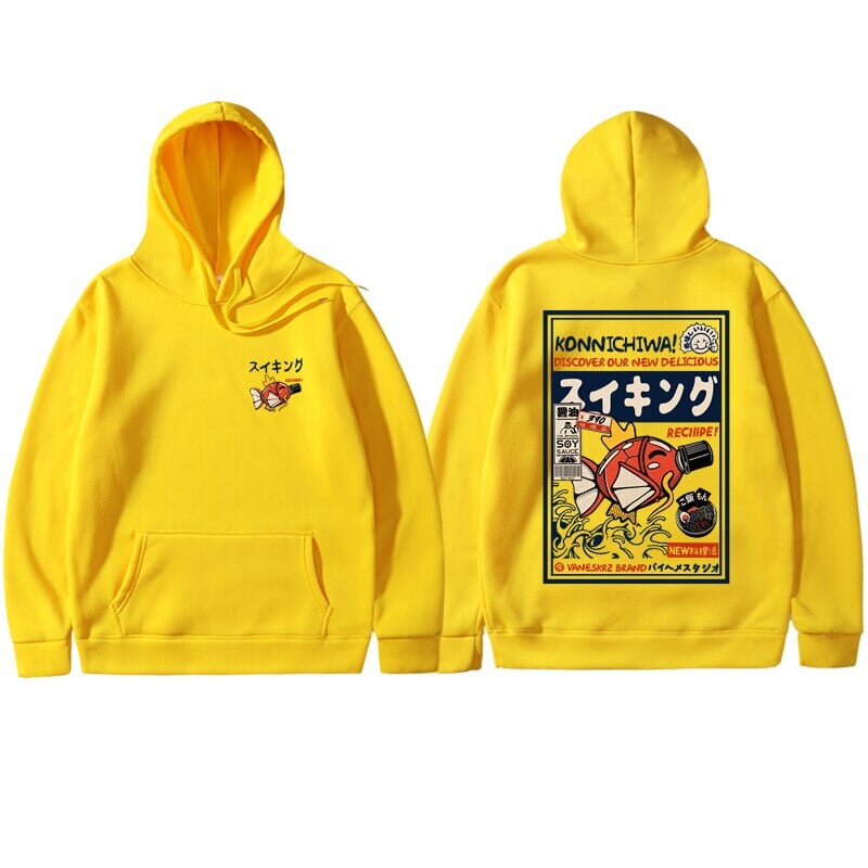 kawaiies-softtoys-plushies-kawaii-plush-Harajuku Japanese Fish Konnichiwa Poster Unisex Hoodie | NEW Apparel Yellow S 