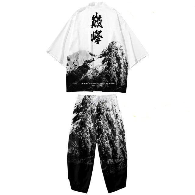 Japanese Black White Mountains Dragon Mens Two-Piece Kimono Yukata Top & Pants Sets - Kawaiies - Adorable - Cute - Plushies - Plush - Kawaii