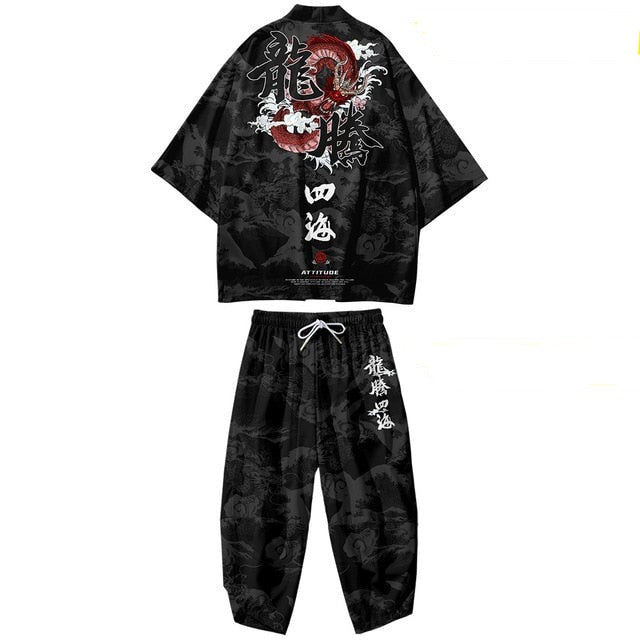 Japanese Black White Mountains Dragon Mens Two-Piece Kimono Yukata Top & Pants Sets - Kawaiies - Adorable - Cute - Plushies - Plush - Kawaii