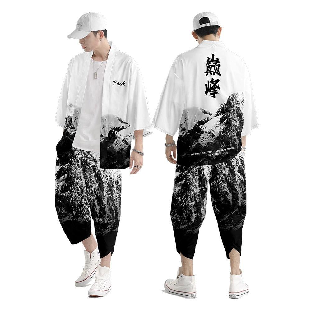Japanese Black White Mountains Dragon Mens Two-Piece Kimono Yukata Top & Pants Sets - Kawaiies - Adorable - Cute - Plushies - Plush - Kawaii