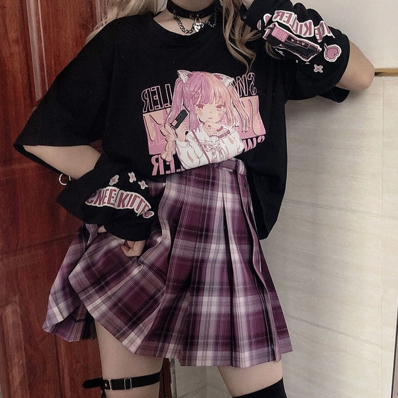 Japanese Black White Pink E-Girl Kawaii Print Anime Tee & Arm Warmers - Kawaiies - Adorable - Cute - Plushies - Plush - Kawaii