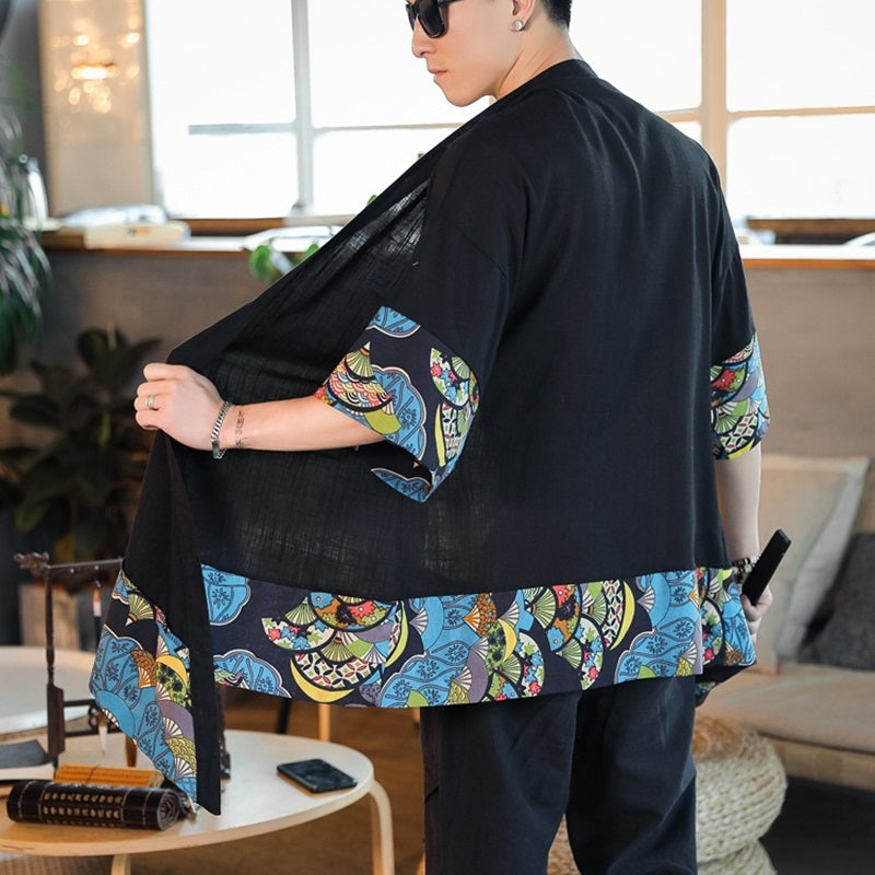 Japanese Blue Fans Black Men's Haori Yukata Kimono Jacket – Kawaiies