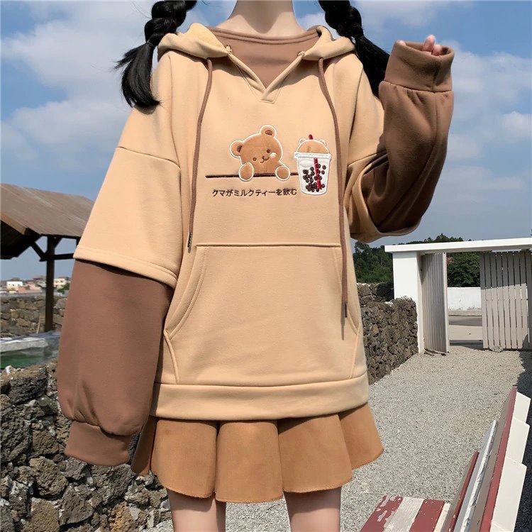 Bear Fluffy Two-Tone Hooded Jacket – Kawaiies