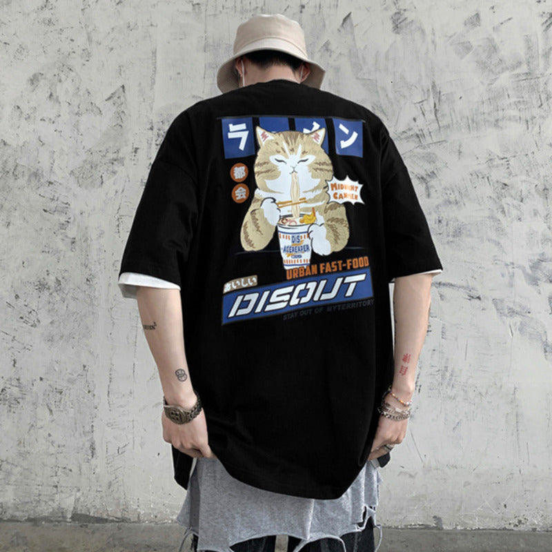 Japanese Cartoon Cat Ramen Oversized Men's Tee Top - Kawaiies - Adorable - Cute - Plushies - Plush - Kawaii