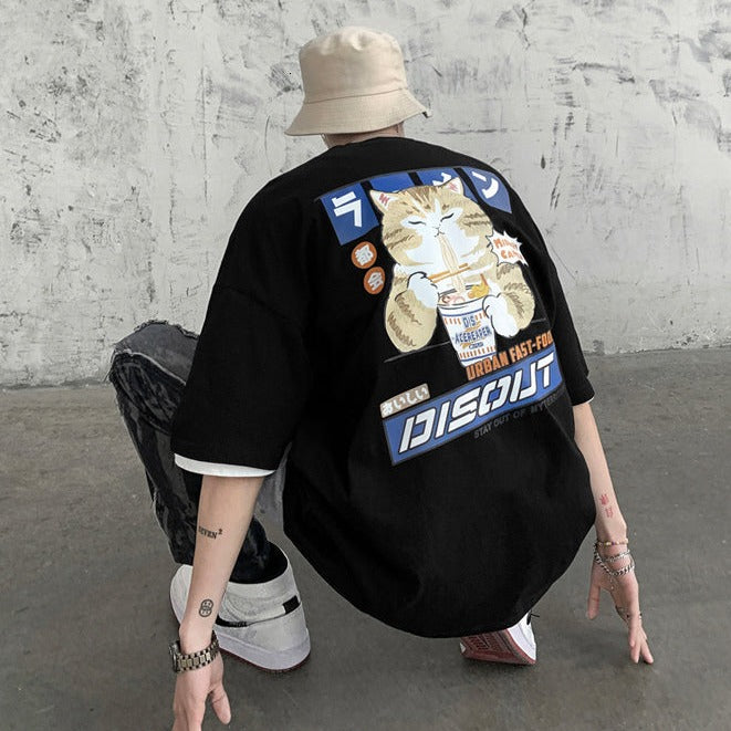 Japanese Cartoon Cat Ramen Oversized Men's Tee Top - Kawaiies - Adorable - Cute - Plushies - Plush - Kawaii