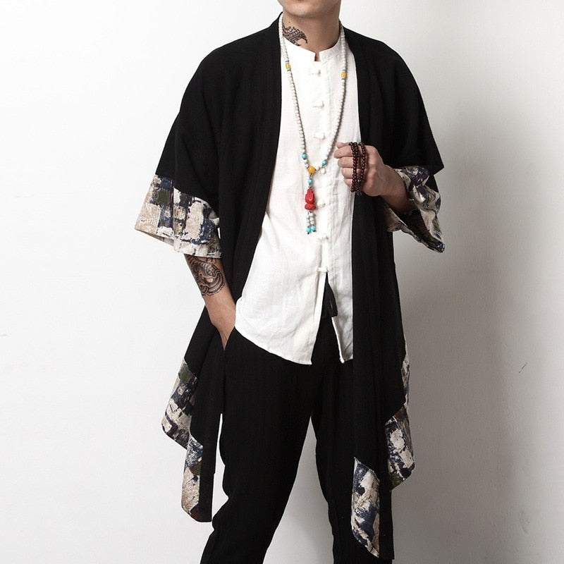 Black Linen Kimono Men Jacket Japanese Kimono Cardigan 