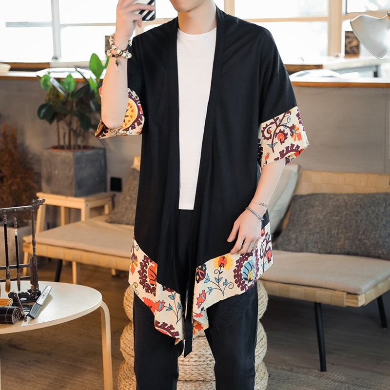 Japanese Cream Floral Black Men's Haori Yukata Kimono Jacket - Kawaiies - Adorable - Cute - Plushies - Plush - Kawaii