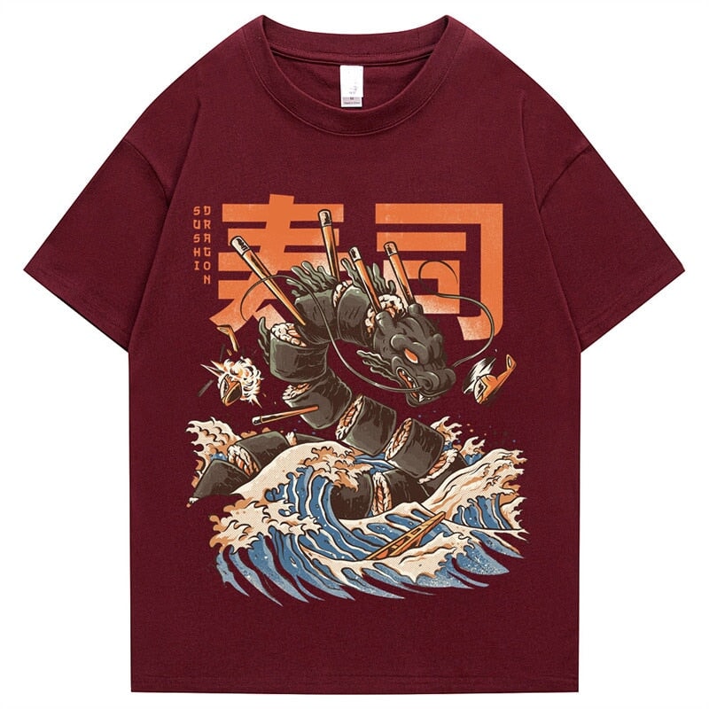 Japanese King Dragon Sushi Roll Waves Unisex Tee | NEW - Kawaiies - Adorable - Cute - Plushies - Plush - Kawaii