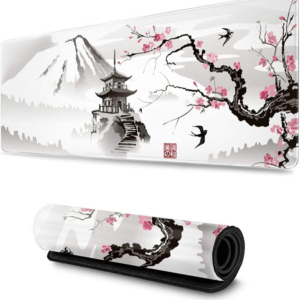 Japanese Pagoda & Cherry Blossom Tree Grayscale Long Mousepad - Kawaiies - Adorable - Cute - Plushies - Plush - Kawaii