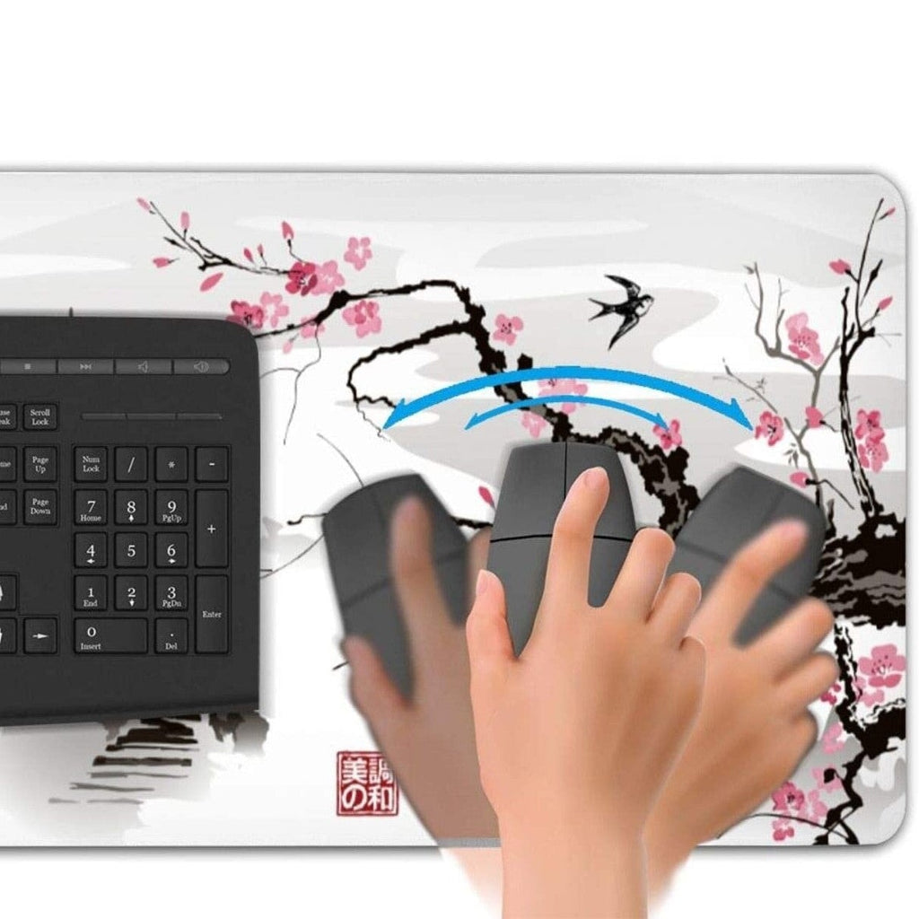 Japanese Pagoda & Cherry Blossom Tree Grayscale Long Mousepad - Kawaiies - Adorable - Cute - Plushies - Plush - Kawaii