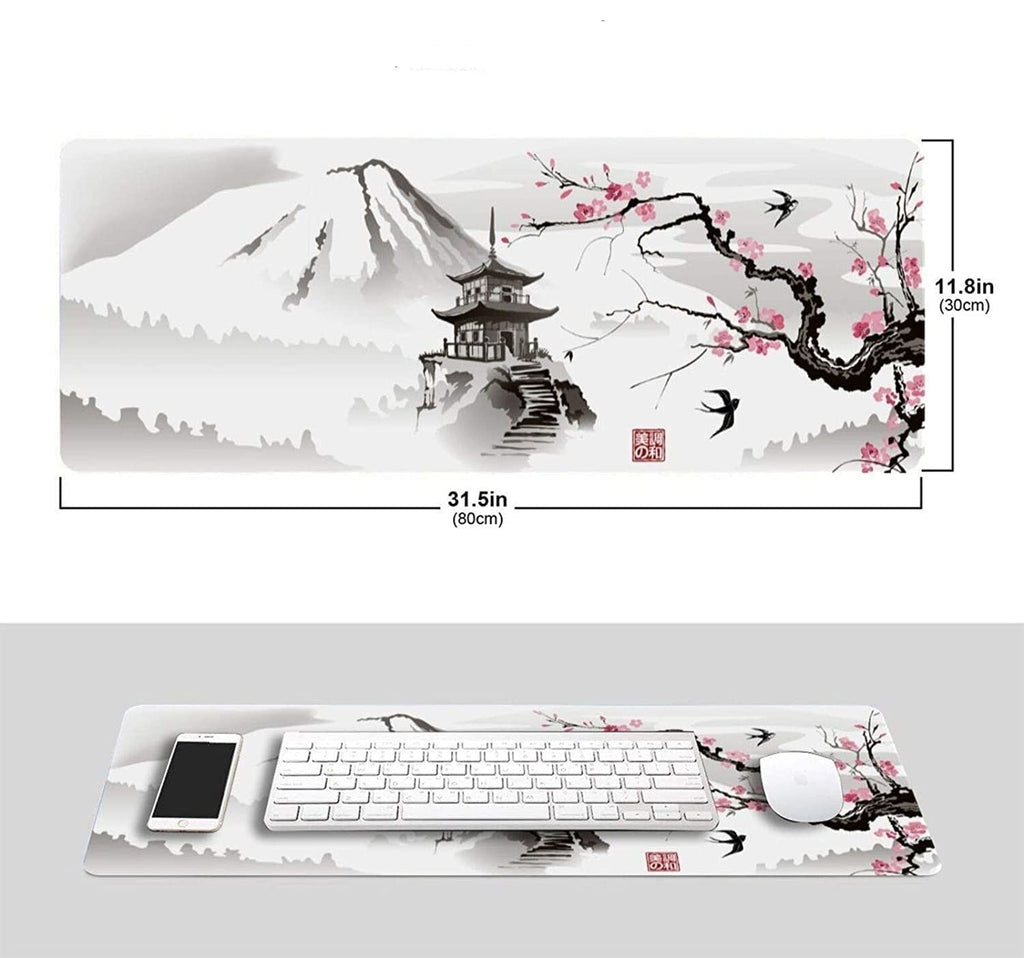 Japanese Pagoda & Cherry Blossom Tree Grayscale Long Mousepad - Kawaiies - Adorable - Cute - Plushies - Plush - Kawaii