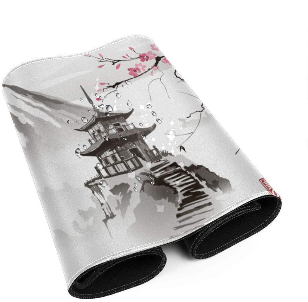 Japanese Pagoda & Cherry Blossom Tree Grayscale Long Mousepad - Kawaiies - Adorable - Cute - Plushies - Plush - Kawaii