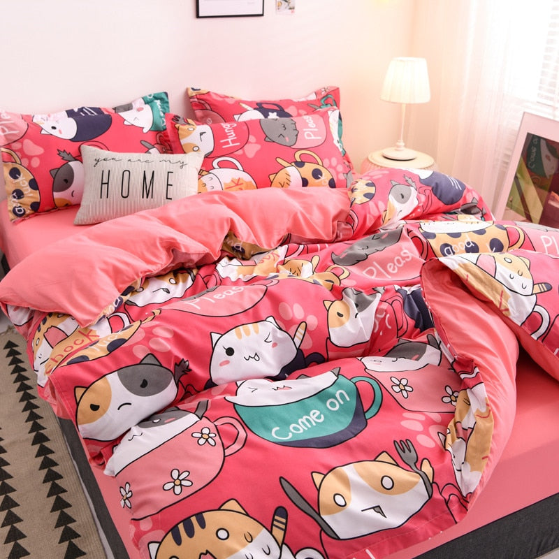 Japanese Pink Cats Bedding Set without Bed Flat Sheet - Kawaiies - Adorable - Cute - Plushies - Plush - Kawaii