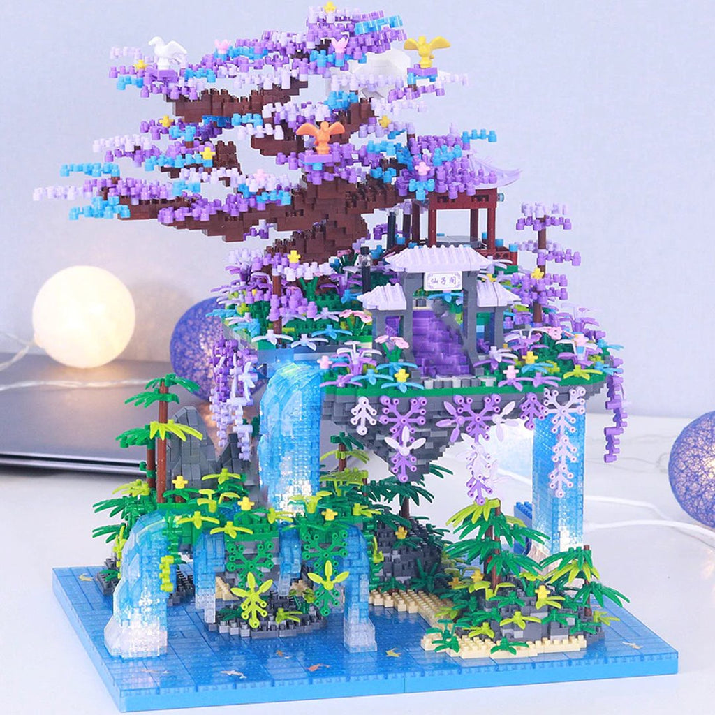 Japanese Purple Sakura Tree Temple Waterfall Nano Building Blocks - Limited Stock - Kawaiies - Adorable - Cute - Plushies - Plush - Kawaii