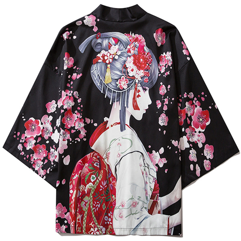 Japanese Sakura Black Red Anime Girl Long Kimono Cardigan Robes - Kawaiies - Adorable - Cute - Plushies - Plush - Kawaii