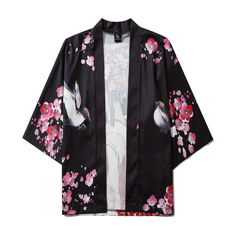 Japanese Sakura Black Red Anime Girl Long Kimono Cardigan Robes - Kawaiies - Adorable - Cute - Plushies - Plush - Kawaii