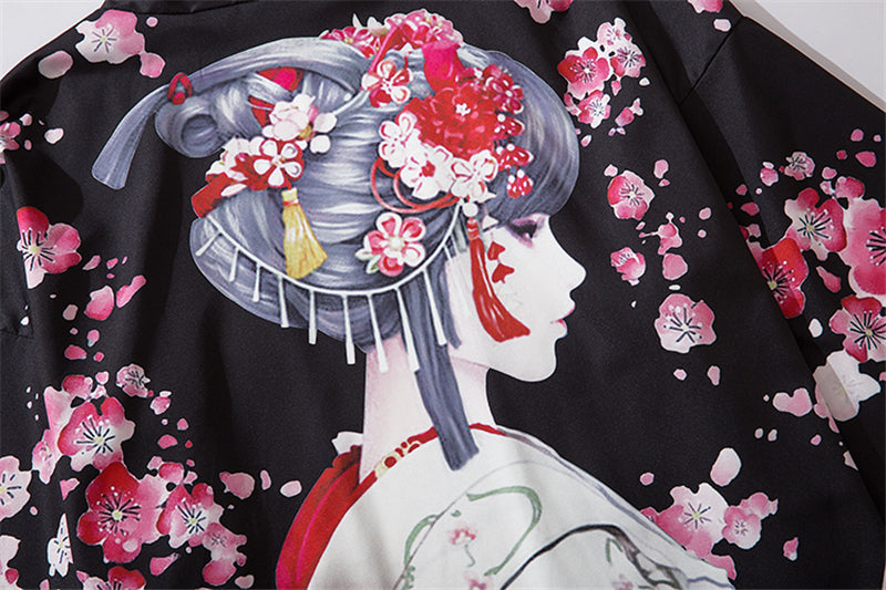 Japanese Sakura Black Red Anime Girl Long Kimono Cardigan Robes - Kawaiies - Adorable - Cute - Plushies - Plush - Kawaii