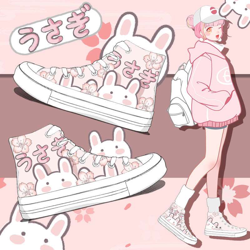 Japanese Sakura Bunny Pink Womens Sneakers Trainers - Kawaiies - Adorable - Cute - Plushies - Plush - Kawaii