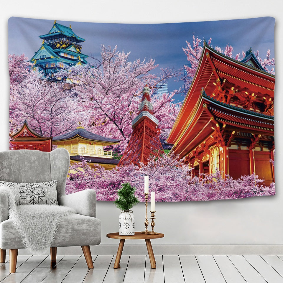 Japanese Sakura Pagoda Osaka Castle Tapestry - Kawaiies - Adorable - Cute - Plushies - Plush - Kawaii