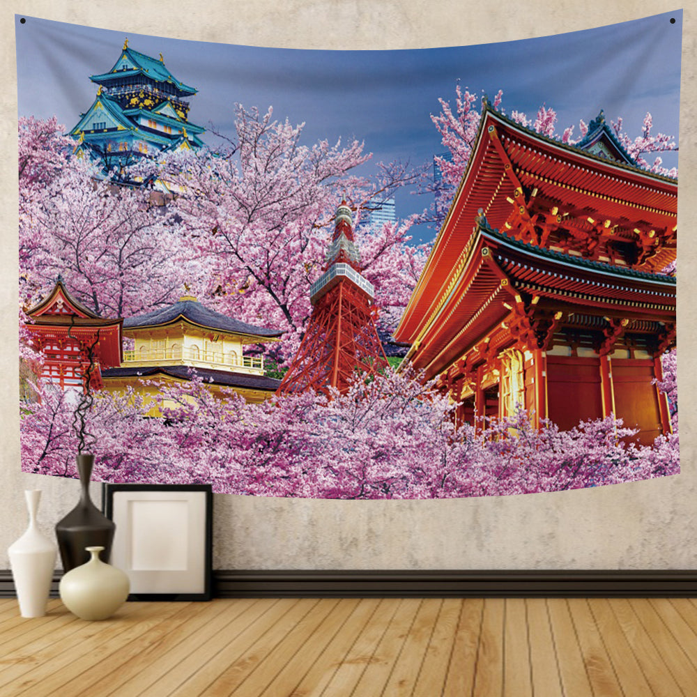 Japanese Sakura Pagoda Osaka Castle Tapestry - Kawaiies - Adorable - Cute - Plushies - Plush - Kawaii