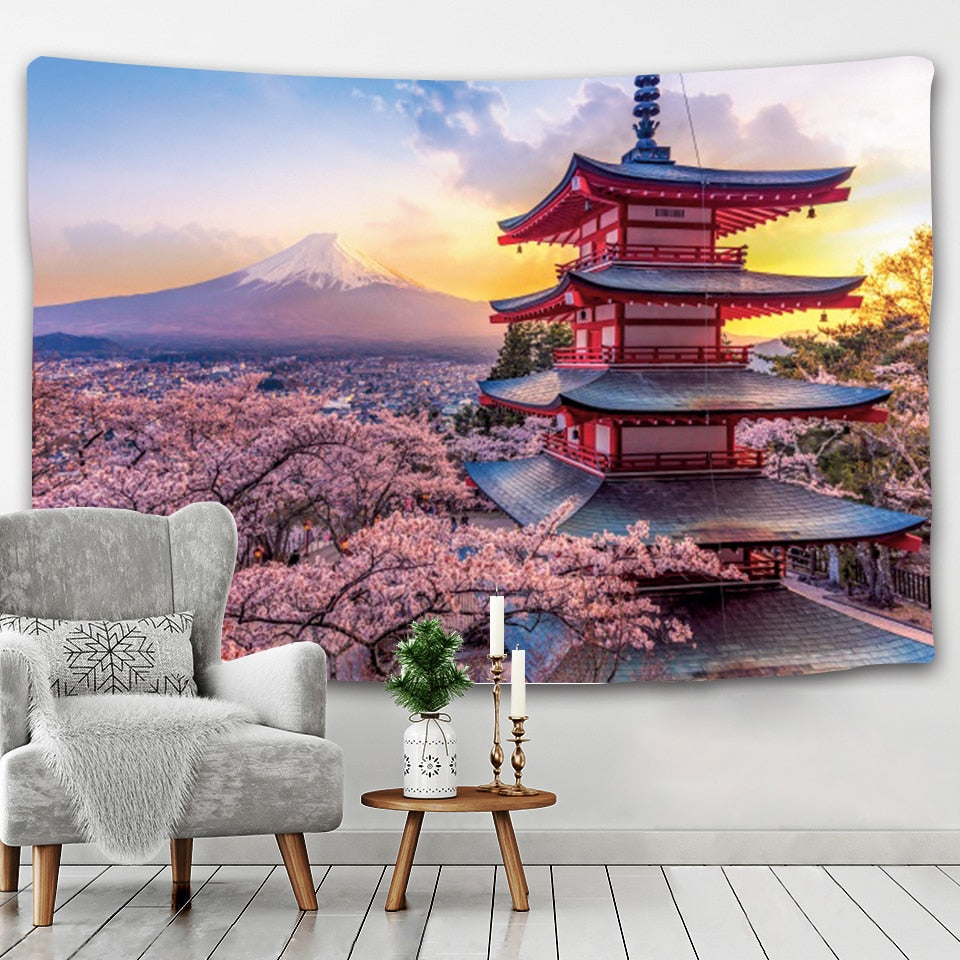 Japanese Sakura Pagoda Osaka Castle Tapestry - Kawaiies - Adorable - Cute - Plushies - Plush - Kawaii