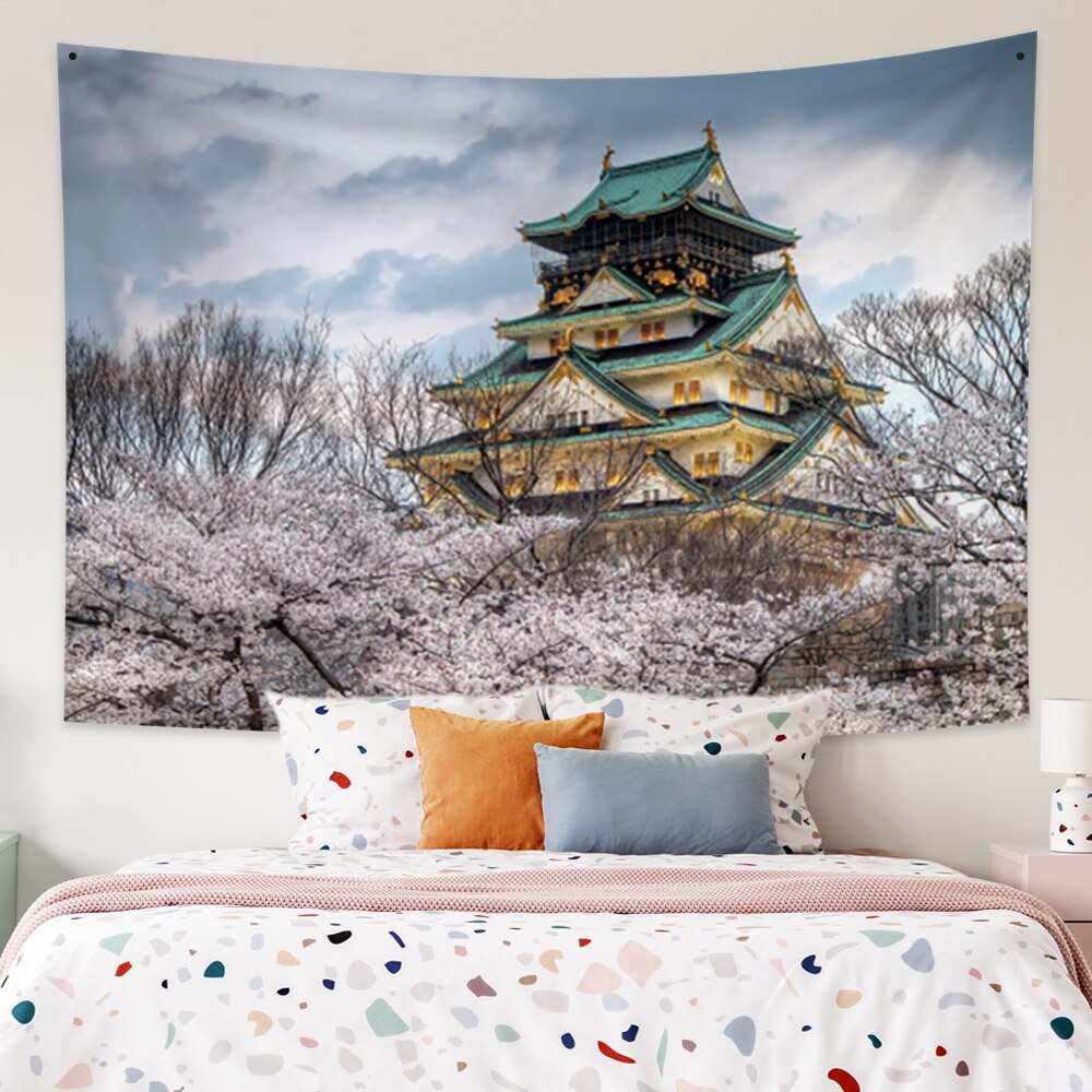 Japanese Sakura Pagoda Osaka Castle Tapestry - Kawaiies - Adorable - Cute - Plushies - Plush - Kawaii