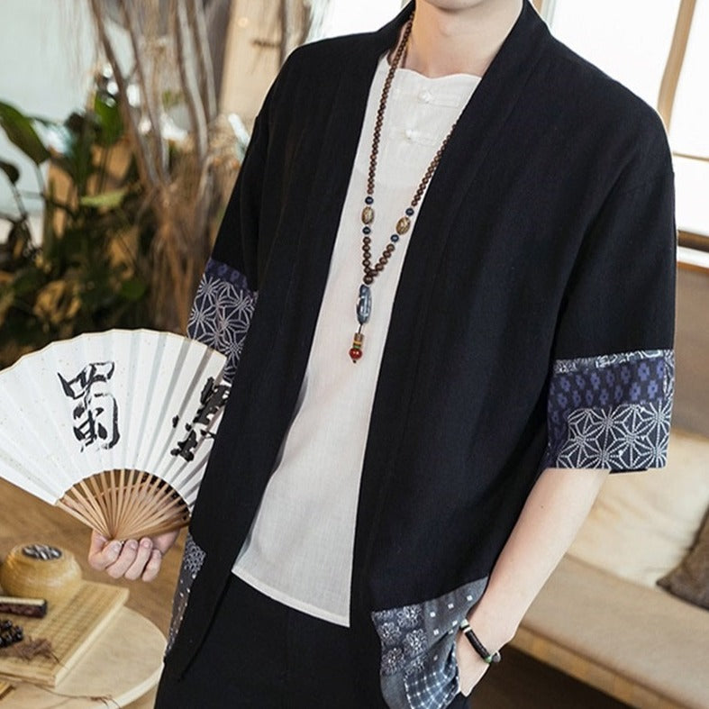 Japanese themed Navy Pattern Black White Men s Haori Yukata Kimono Jac japanese-themed-navy-pattern-black-white-men-s-haori-yukata-kimono-jac
