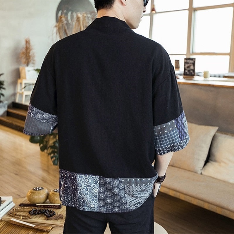 Japanese-themed Navy Pattern Black White Men's Haori Yukata Kimono Jacket - Kawaiies - Adorable - Cute - Plushies - Plush - Kawaii