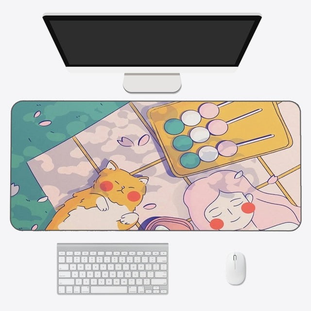  Kawaii Desk Pad Anime Cat Green Plant Gaming XL Mouse