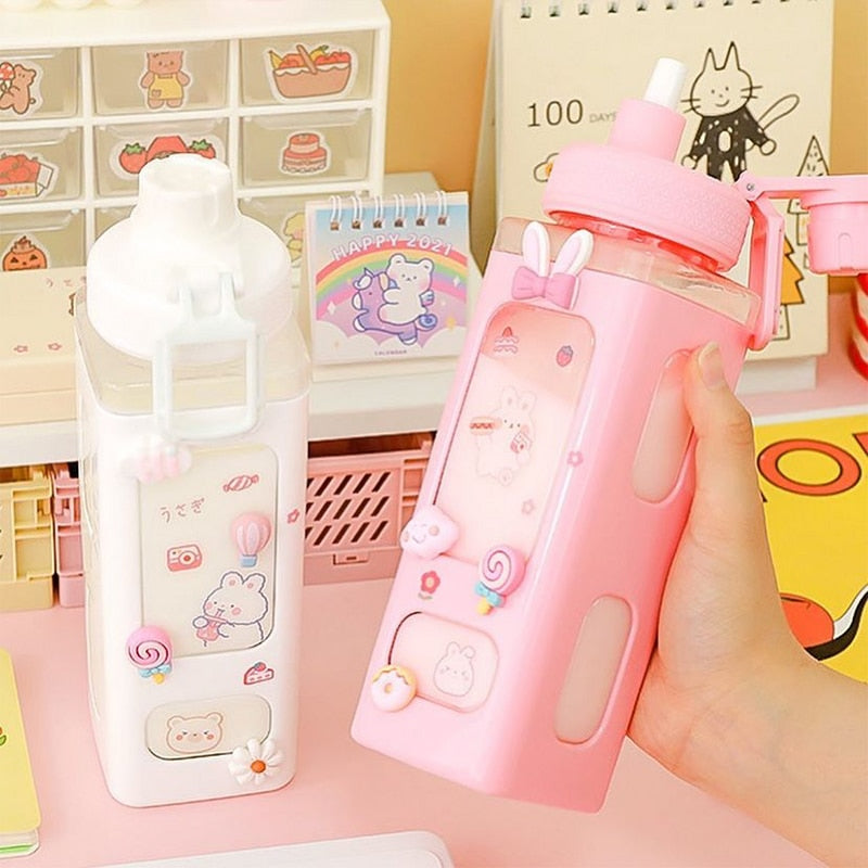 Kawaii Bear White Pink Rectangle Plastic Bottle With 3D Sticker - Kawaiies - Adorable - Cute - Plushies - Plush - Kawaii